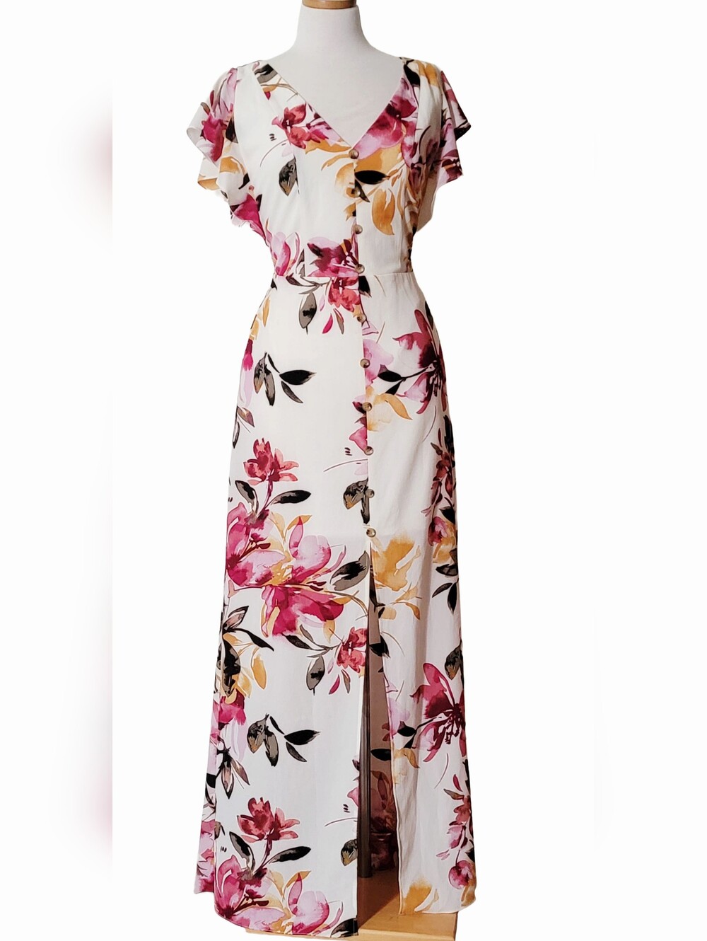 A. Byer Floral Vneckline Faux Button Brunch Casual Date Night Maxi Dress